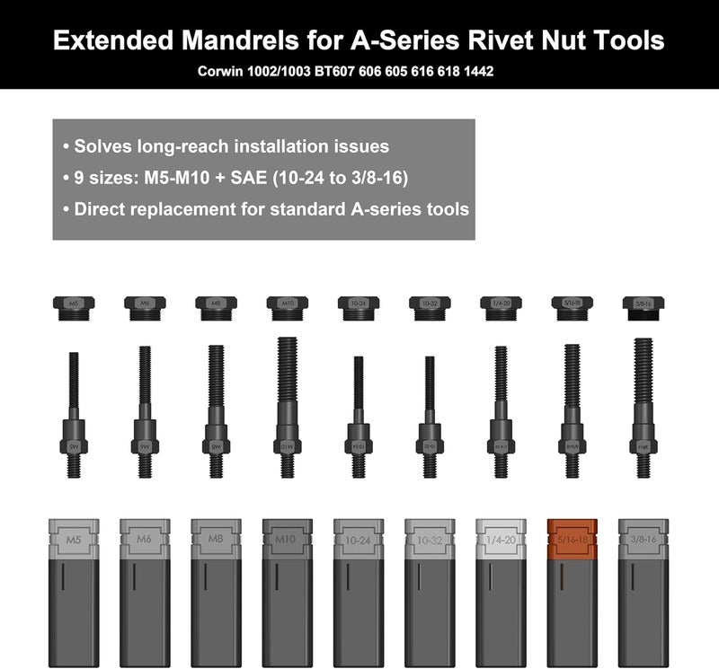 CORWIN Store 5/16-18 Extended Rivet Nut Gun Mandrels and Nosepiece Set, Specifically Designed for Installing Pre-bulbed Rivet Nuts and Similar Threaded Inserts Multi-Grip rivnut - Image 2